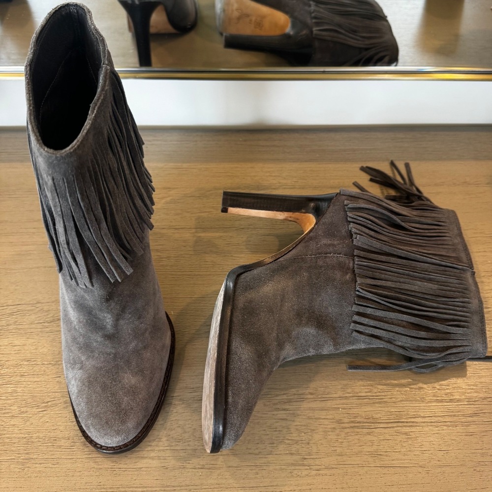 Joie Women 10.5 EU 41 Gray Suede Fringe Ankle Boots Italy Block Heel Booties